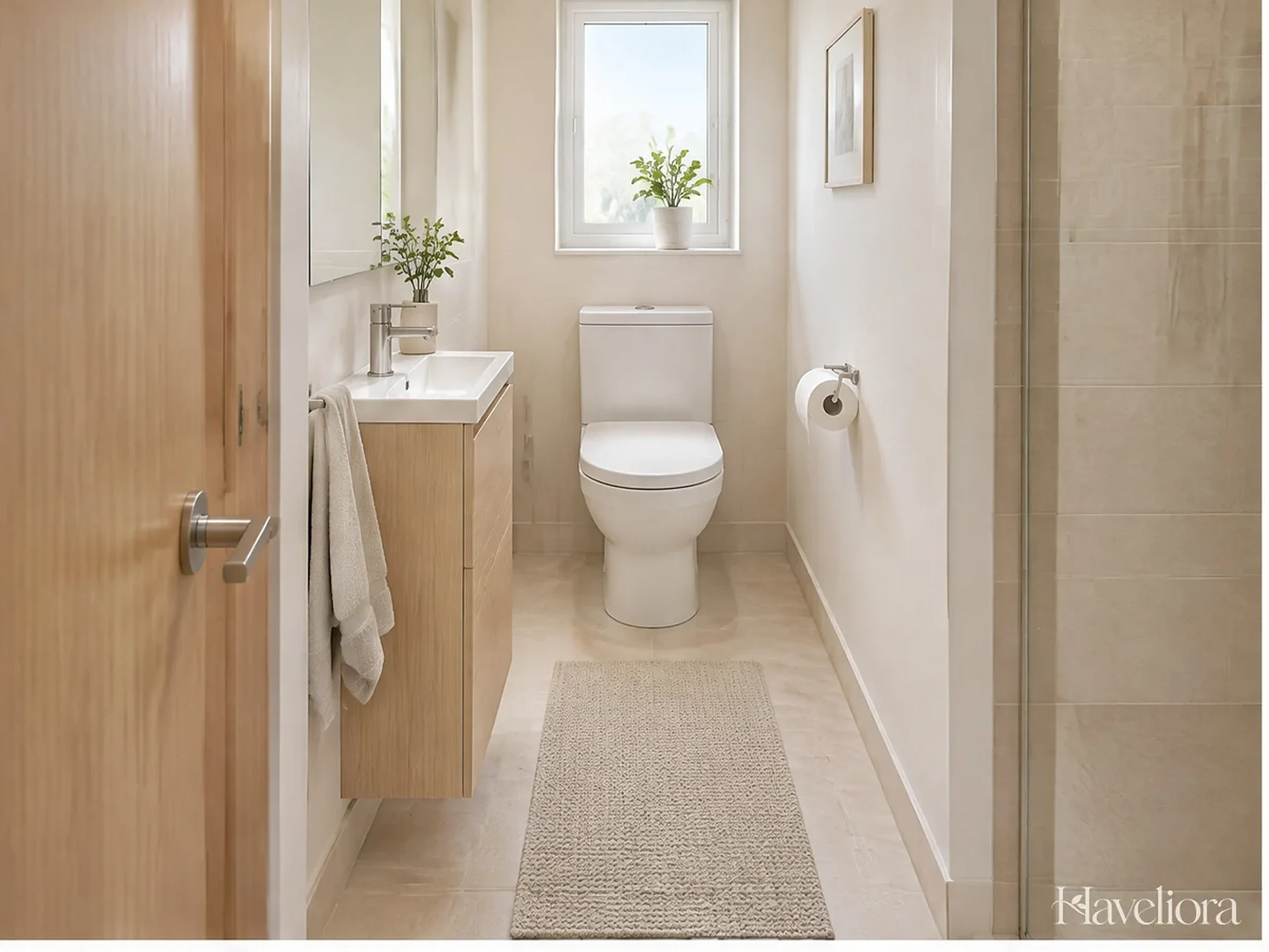 Compact neutral bathroom with efficient storage and clear usable floor space.