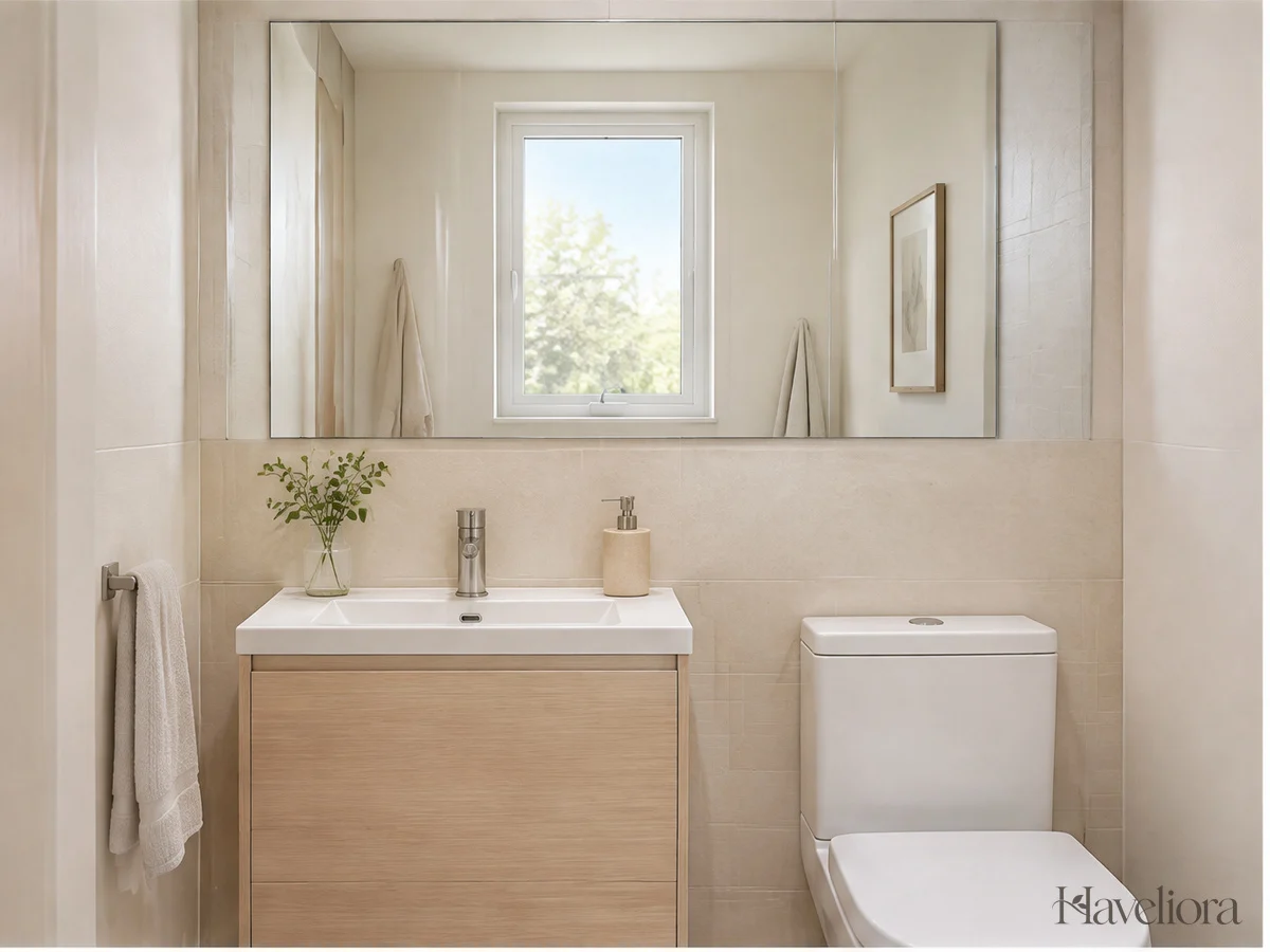 A wide mirror above a compact vanity reflecting a bright wall and window.