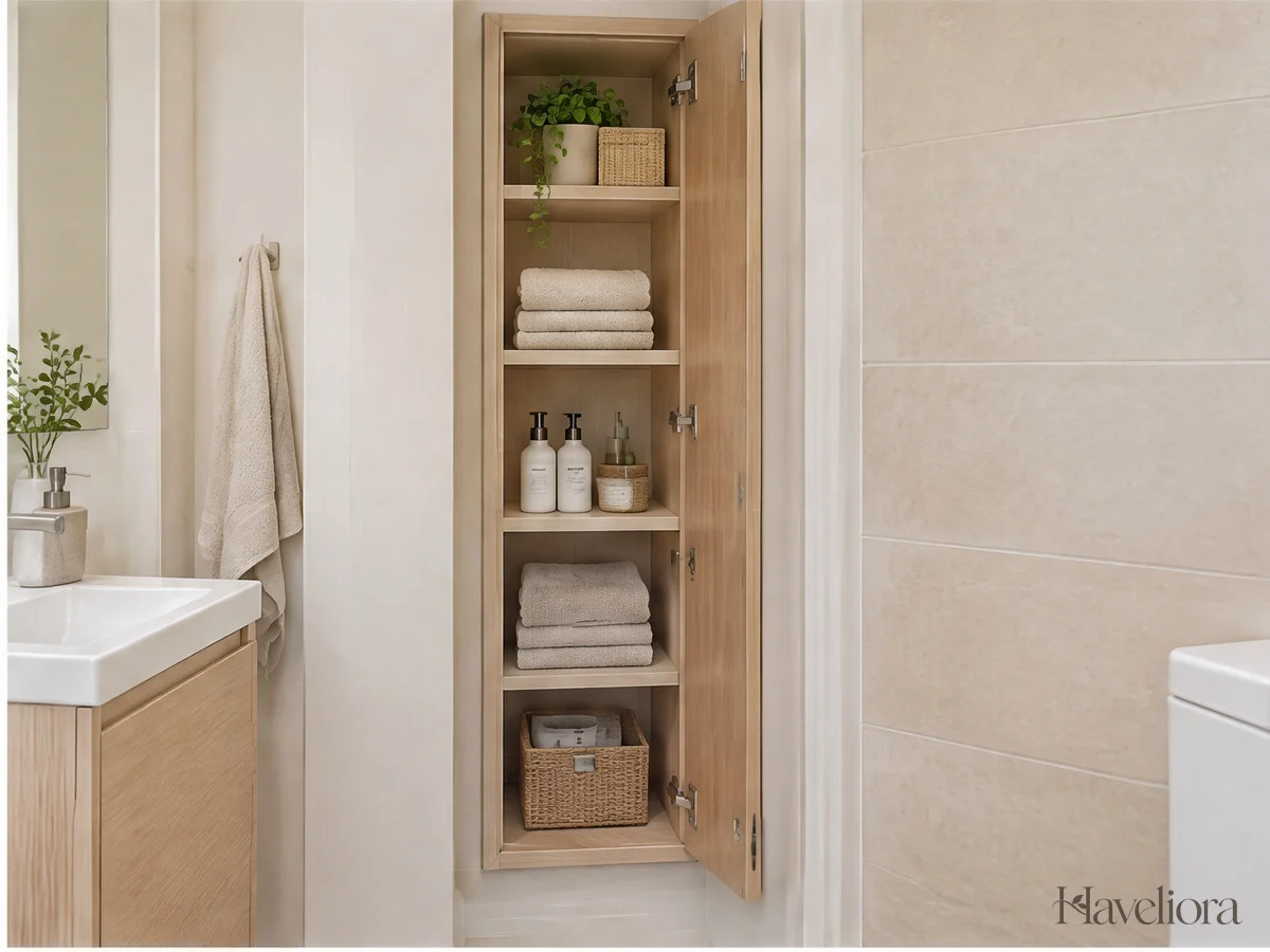 A narrow bathroom wall cabinet with organized shelves in a dry area.