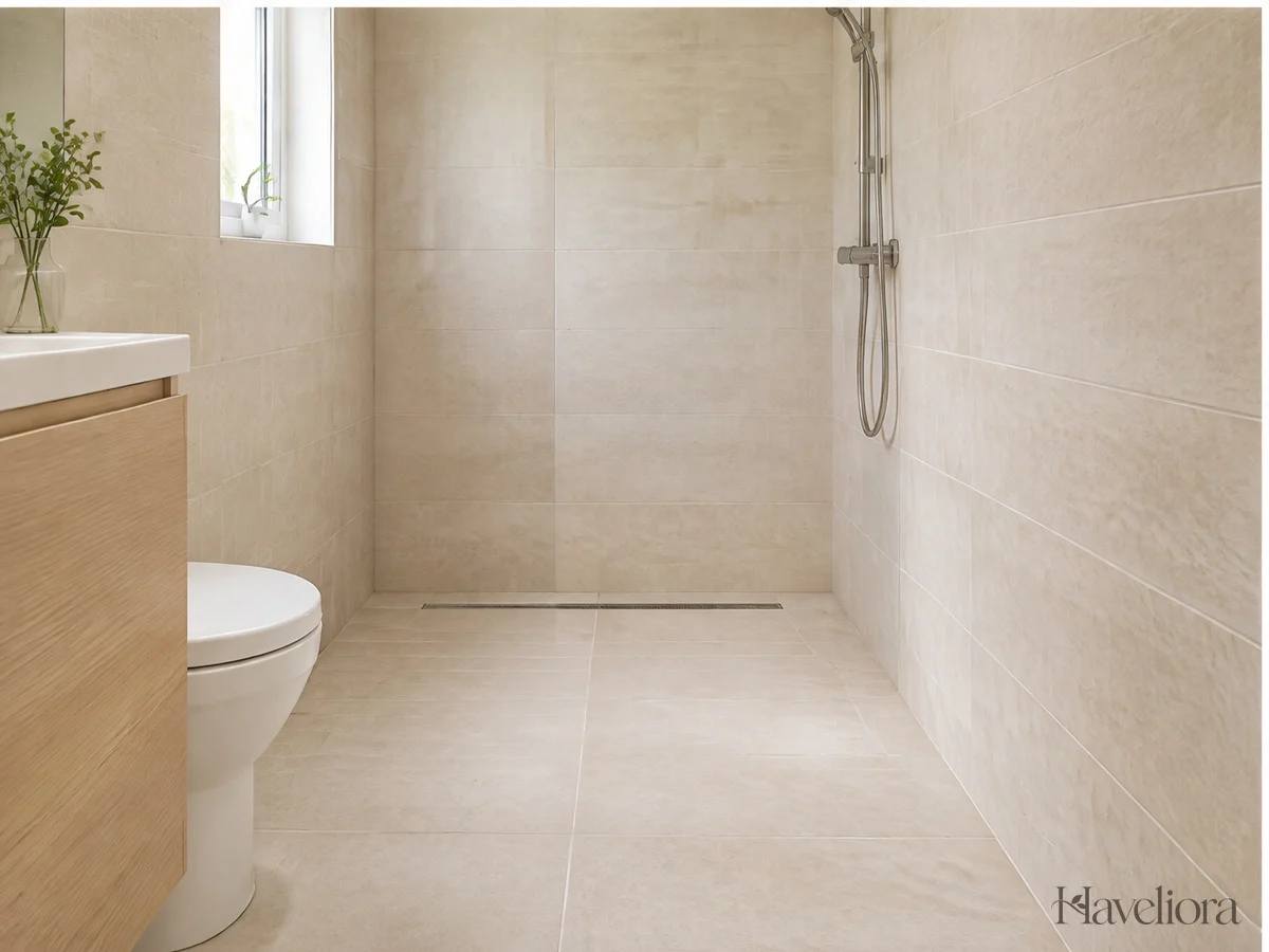 Small bathroom using related pale tile and wall colors for a continuous visual background.