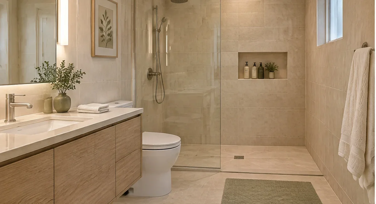 Uncluttered bathroom with pale stone-look surfaces, warm wood and neatly folded towels.