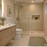 Uncluttered bathroom with pale stone-look surfaces, warm wood and neatly folded towels.