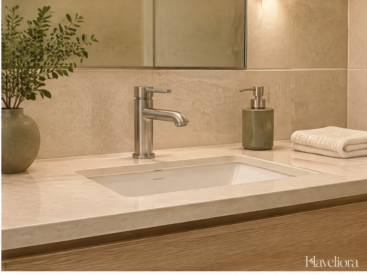 Clear bathroom wash area with a single soap dispenser and a small organized grouping.