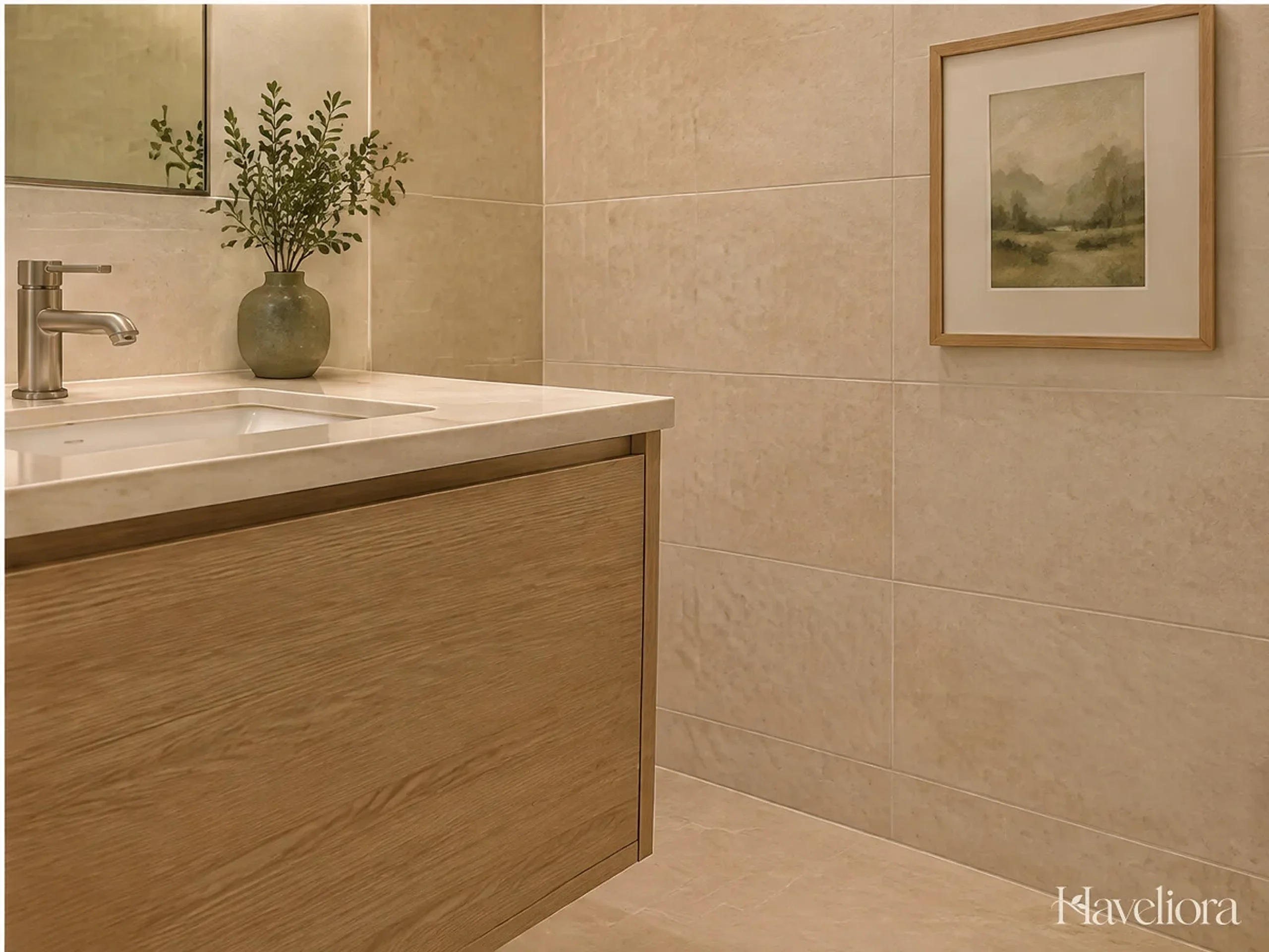 Calm bathroom detail using restrained stone-look surfaces and simple cleanable materials.