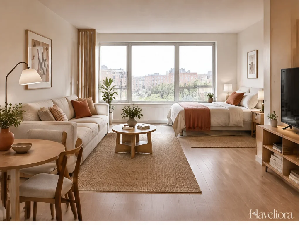 Compact apartment with separate seating and dining areas connected by a warm neutral palette.