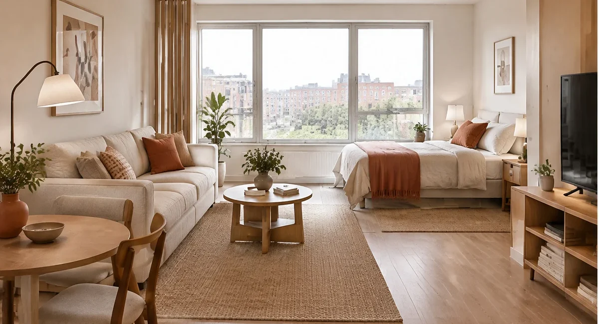 Compact apartment with separate seating and dining areas connected by a warm neutral palette.