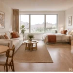 Compact apartment with separate seating and dining areas connected by a warm neutral palette.
