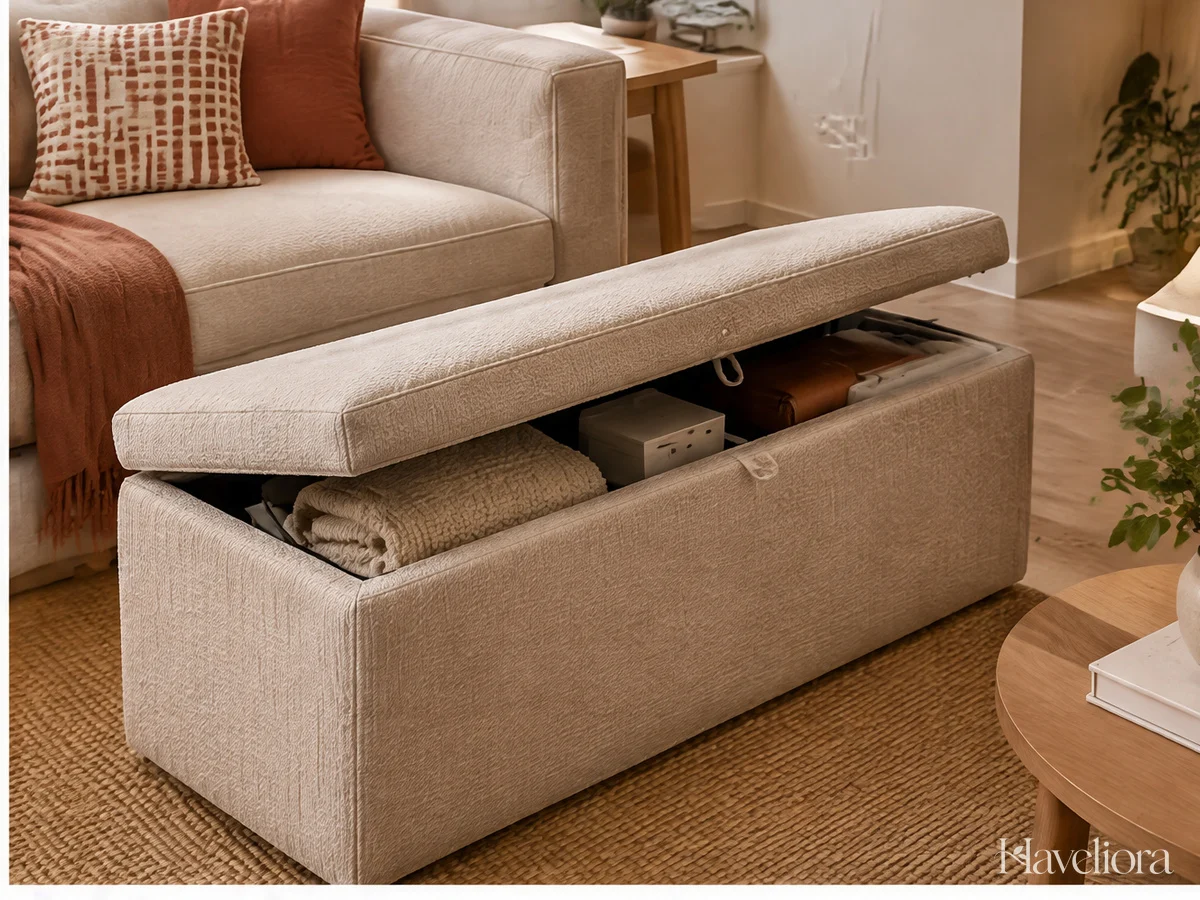 Small apartment sofa paired with a storage ottoman that provides a useful surface and concealed space.
