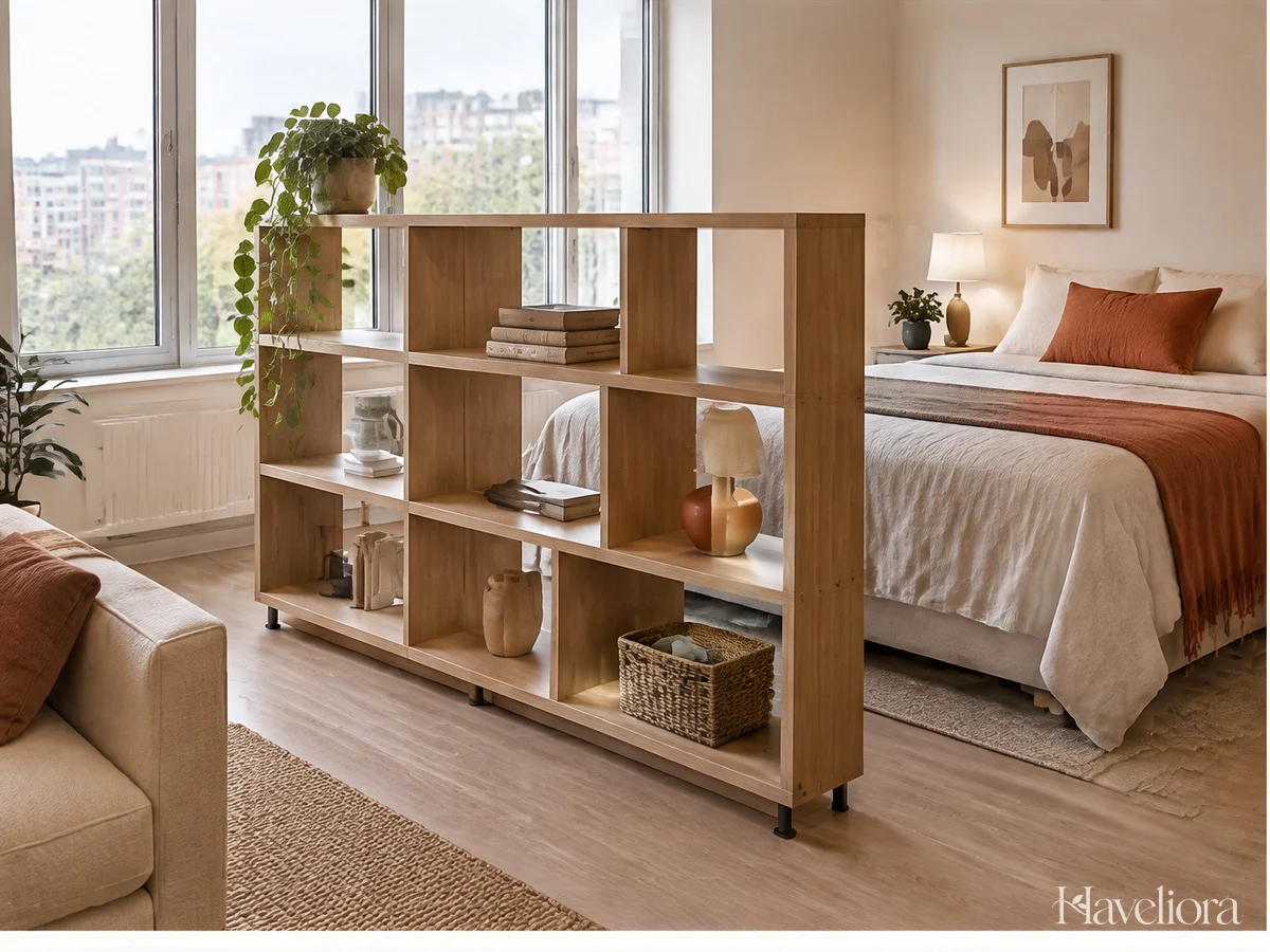 Low open-backed divider separating a studio sleeping area while preserving daylight across the room.