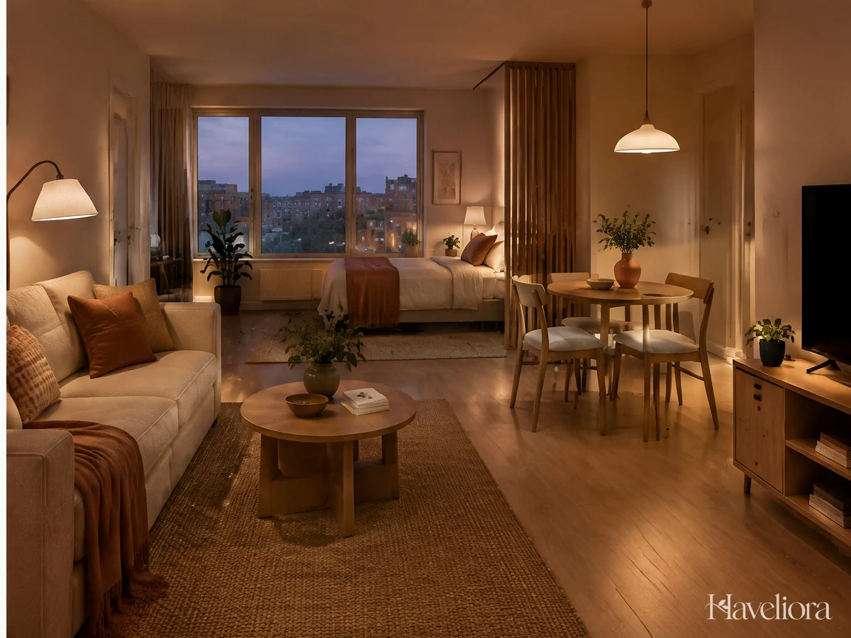 Small apartment in evening light with separate reading and dining light sources and clear walking paths.