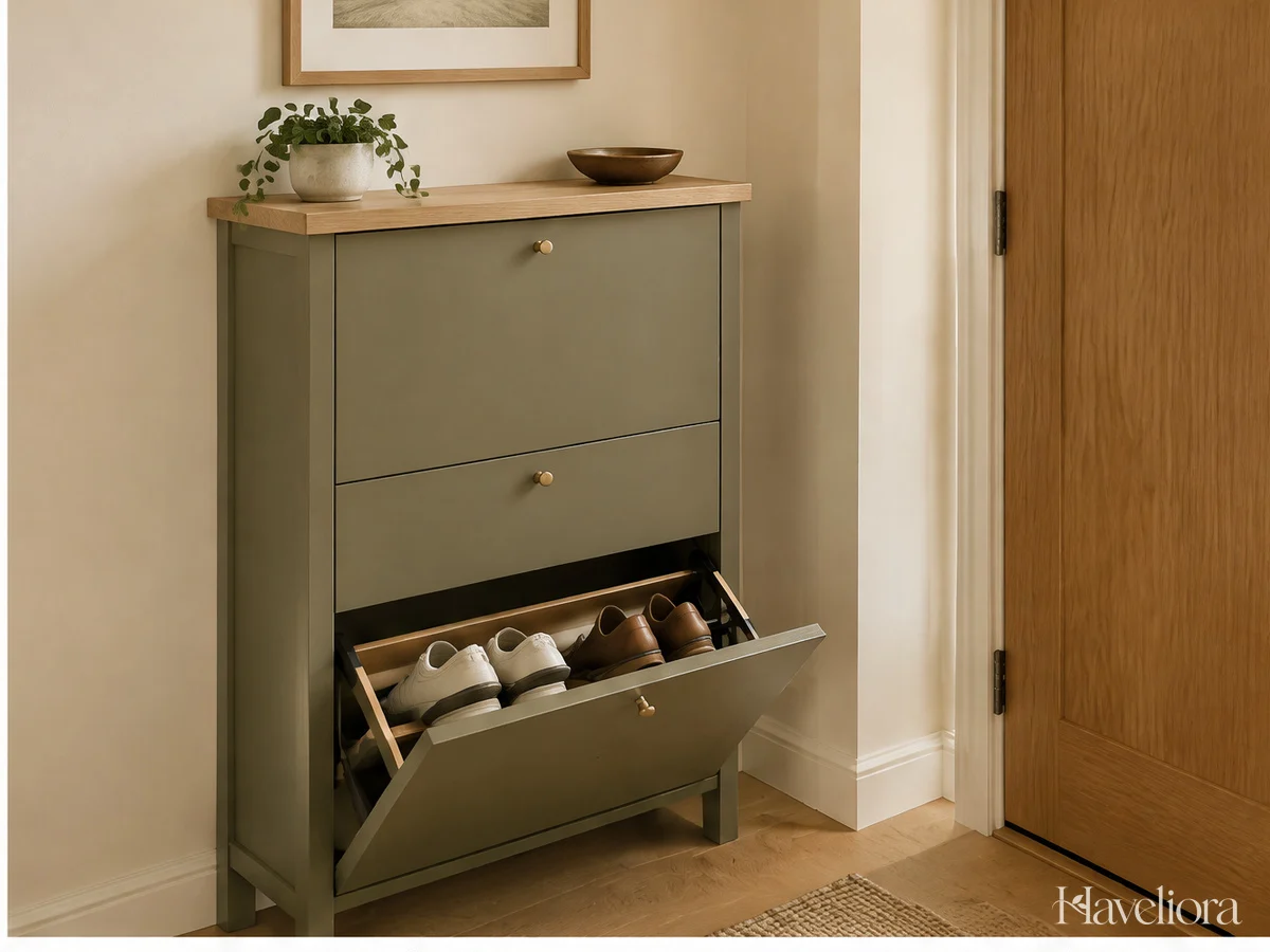 Slim closed storage along a hallway with a clear passage beside it.
