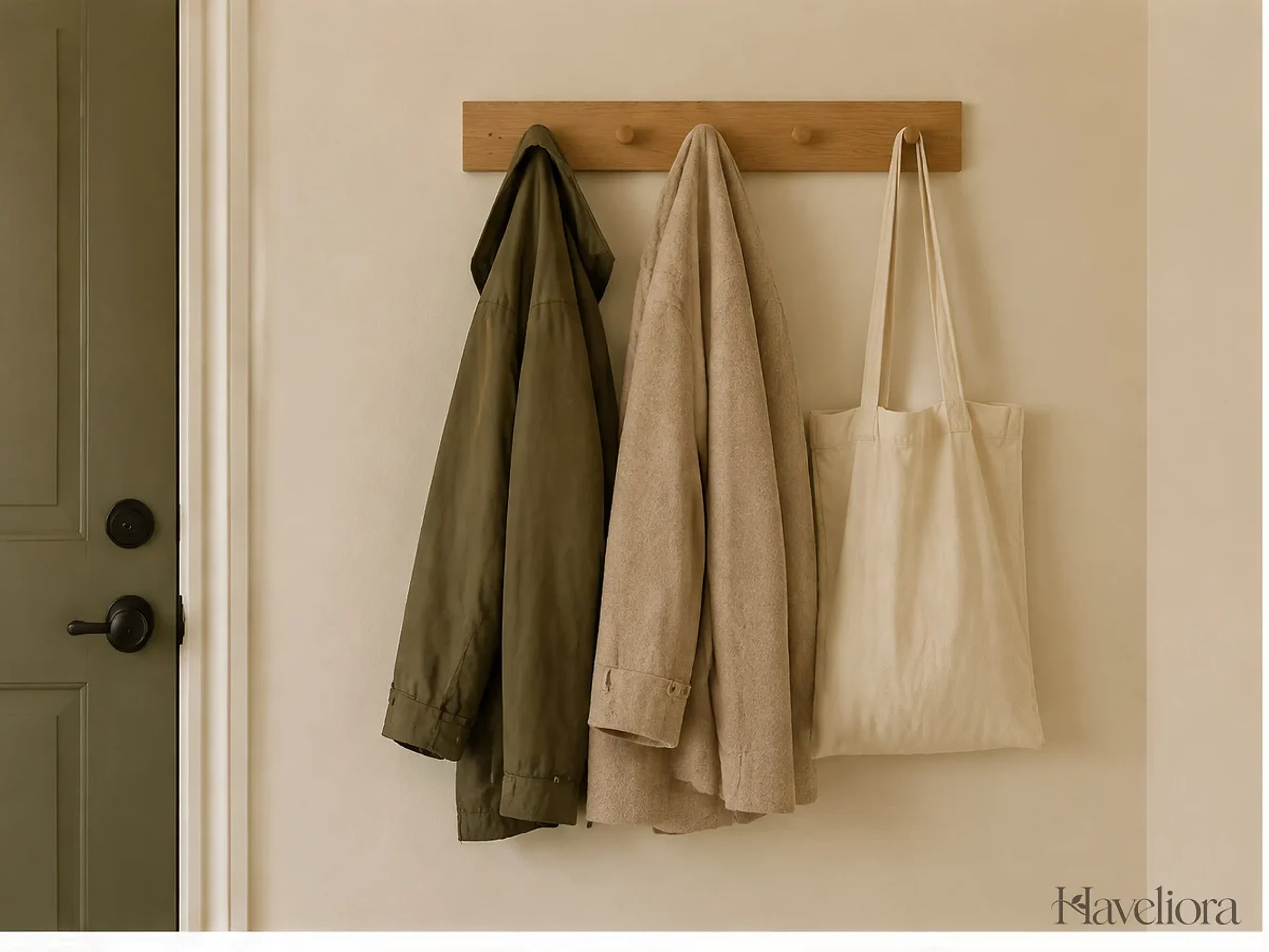 A small wall hook rail holding two coats and a tote bag without overcrowding the hallway.