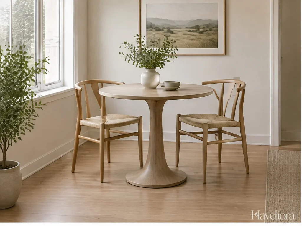 Small round wood dining table with comfortable chairs and a clear route around the seating.