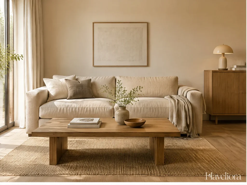 Simple cream living room with warm wood furniture, generous space and a few useful objects.