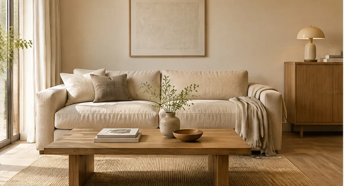 Simple cream living room with warm wood furniture, generous space and a few useful objects.
