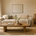 Simple cream living room with warm wood furniture, generous space and a few useful objects.