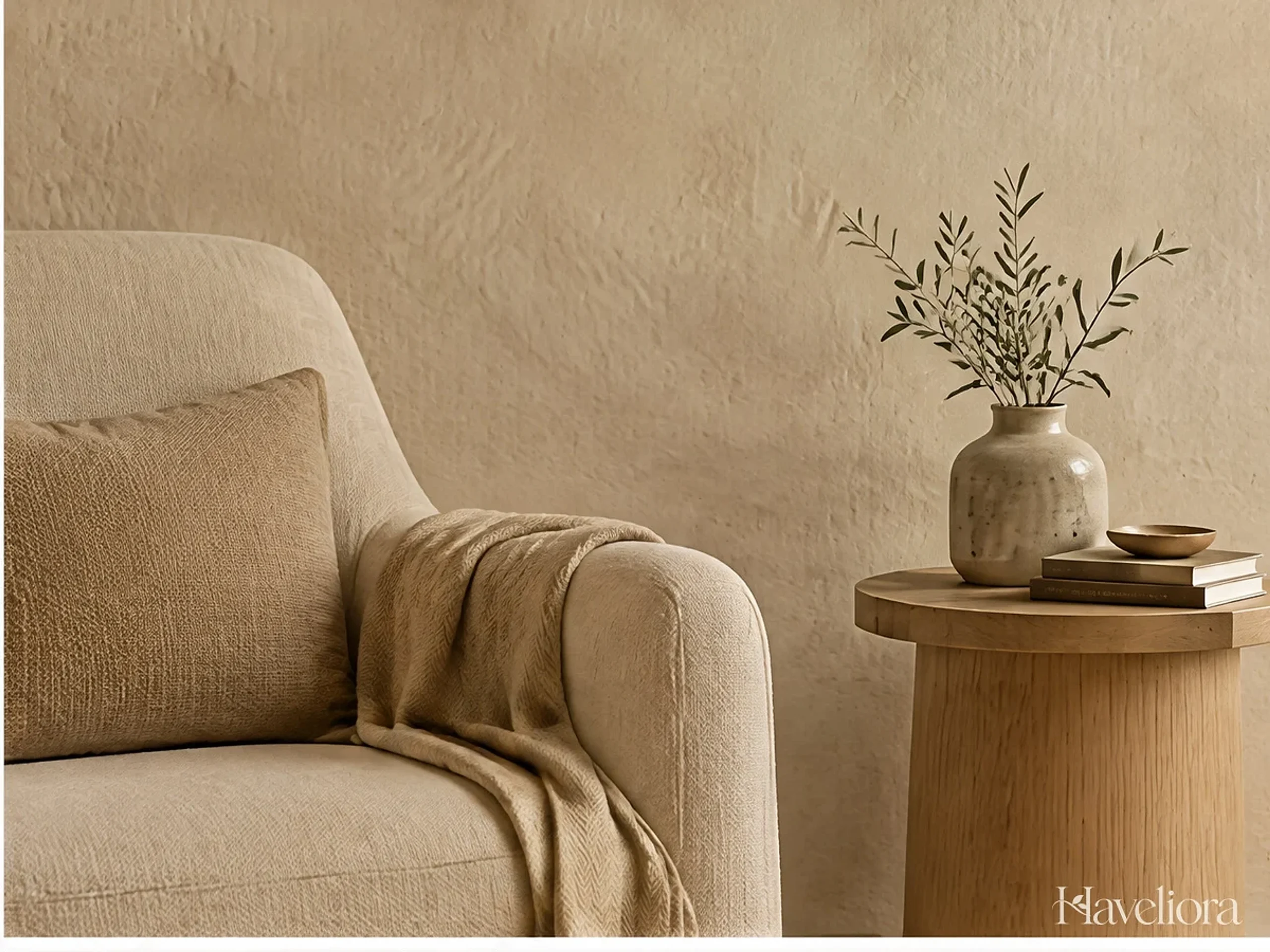 A linen chair beside a wooden table and a softly textured wall in a restrained warm palette.