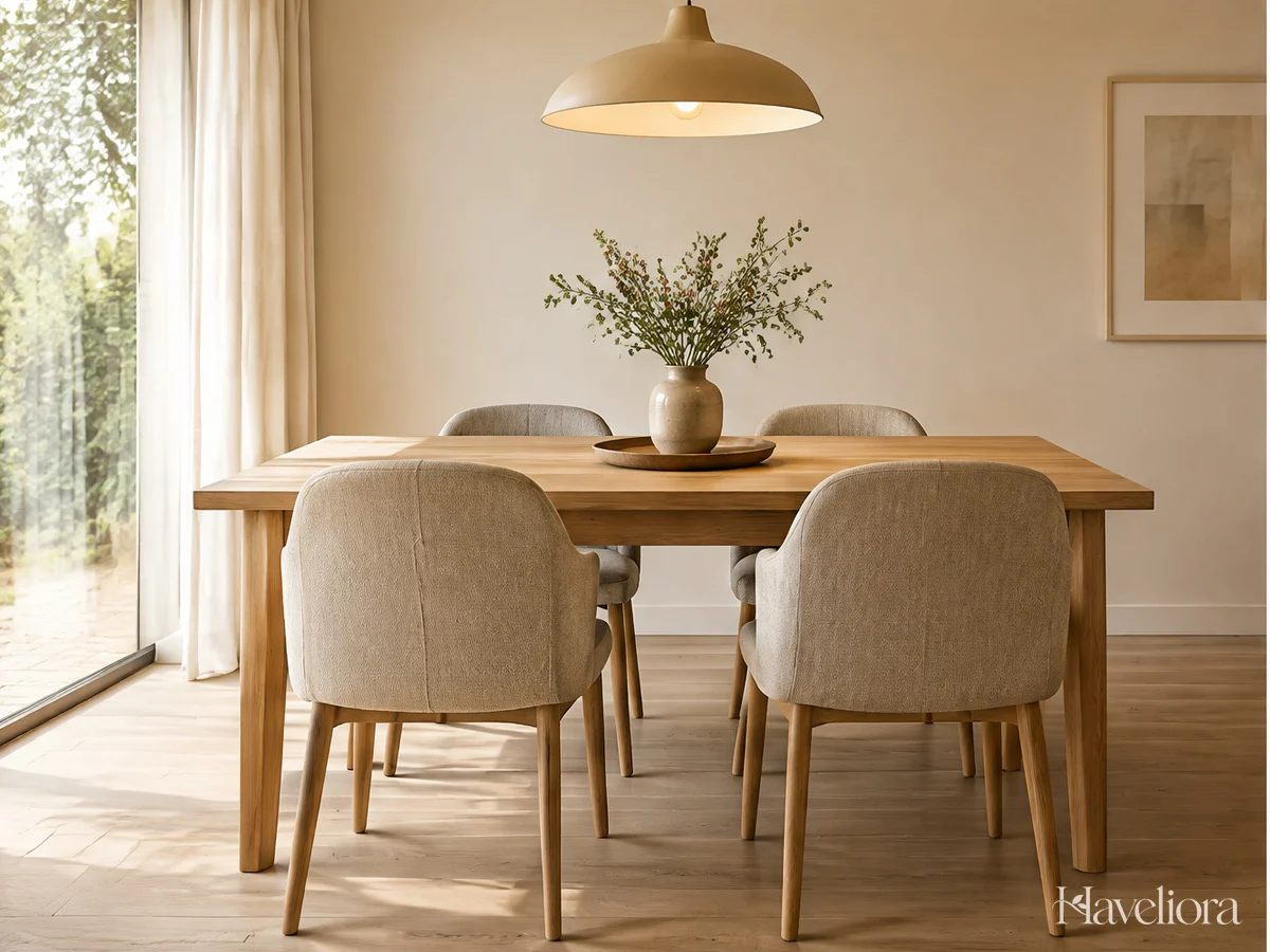 Uncluttered dining table with comfortable chairs and a restrained warm pendant in natural light.