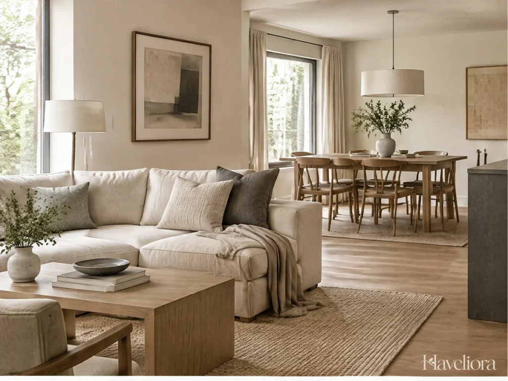 Living and dining areas linked by warm ivory, natural wood and soft neutral textiles.