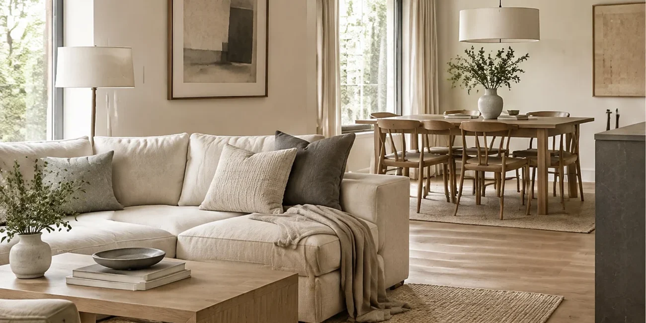 Neutral living room connecting warm beige, wood and soft textured fabrics