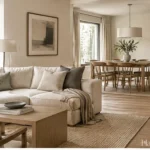 Neutral living room connecting warm beige, wood and soft textured fabrics