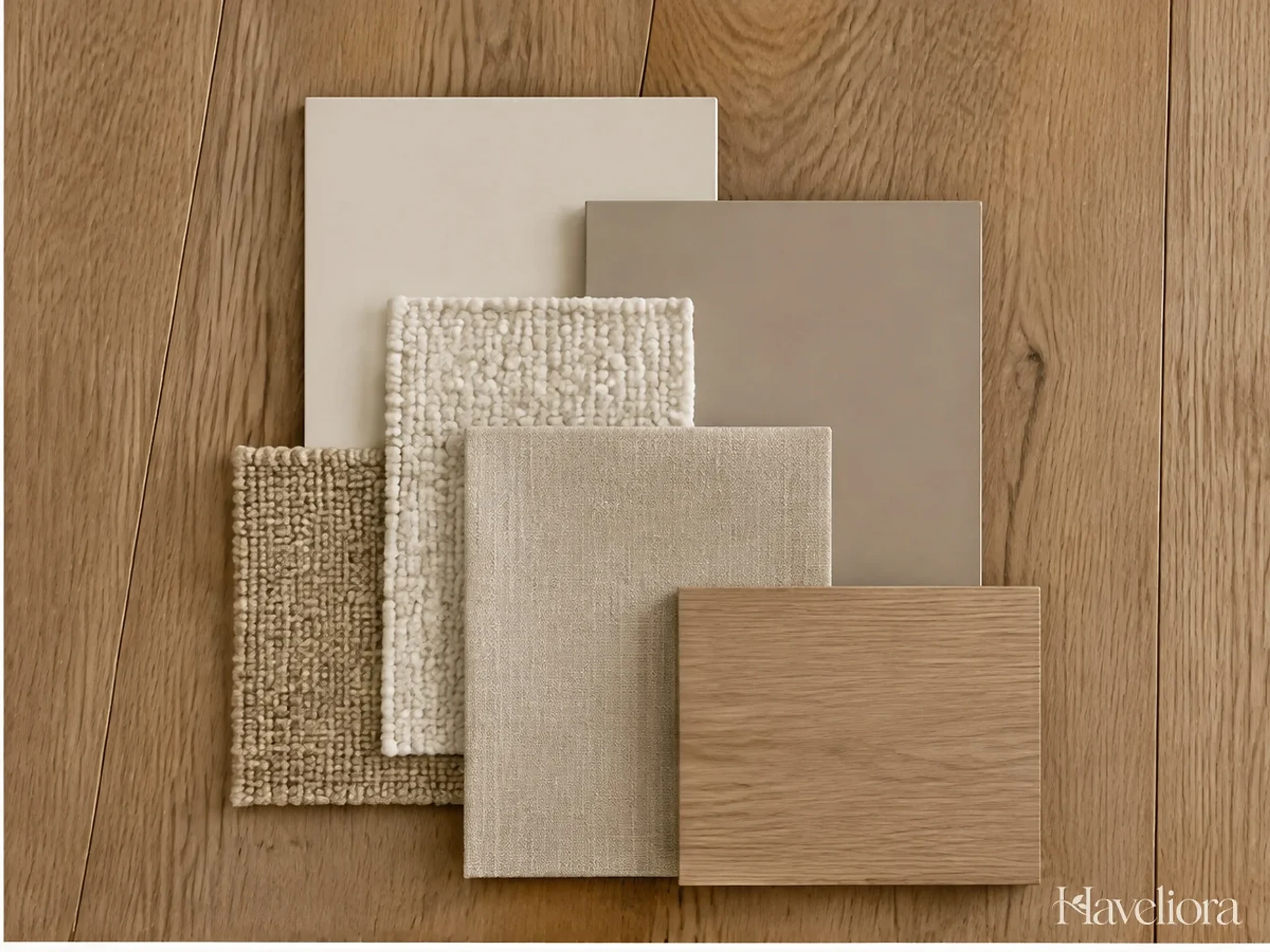 Cream, mushroom and greige samples arranged beside an existing wooden floor.