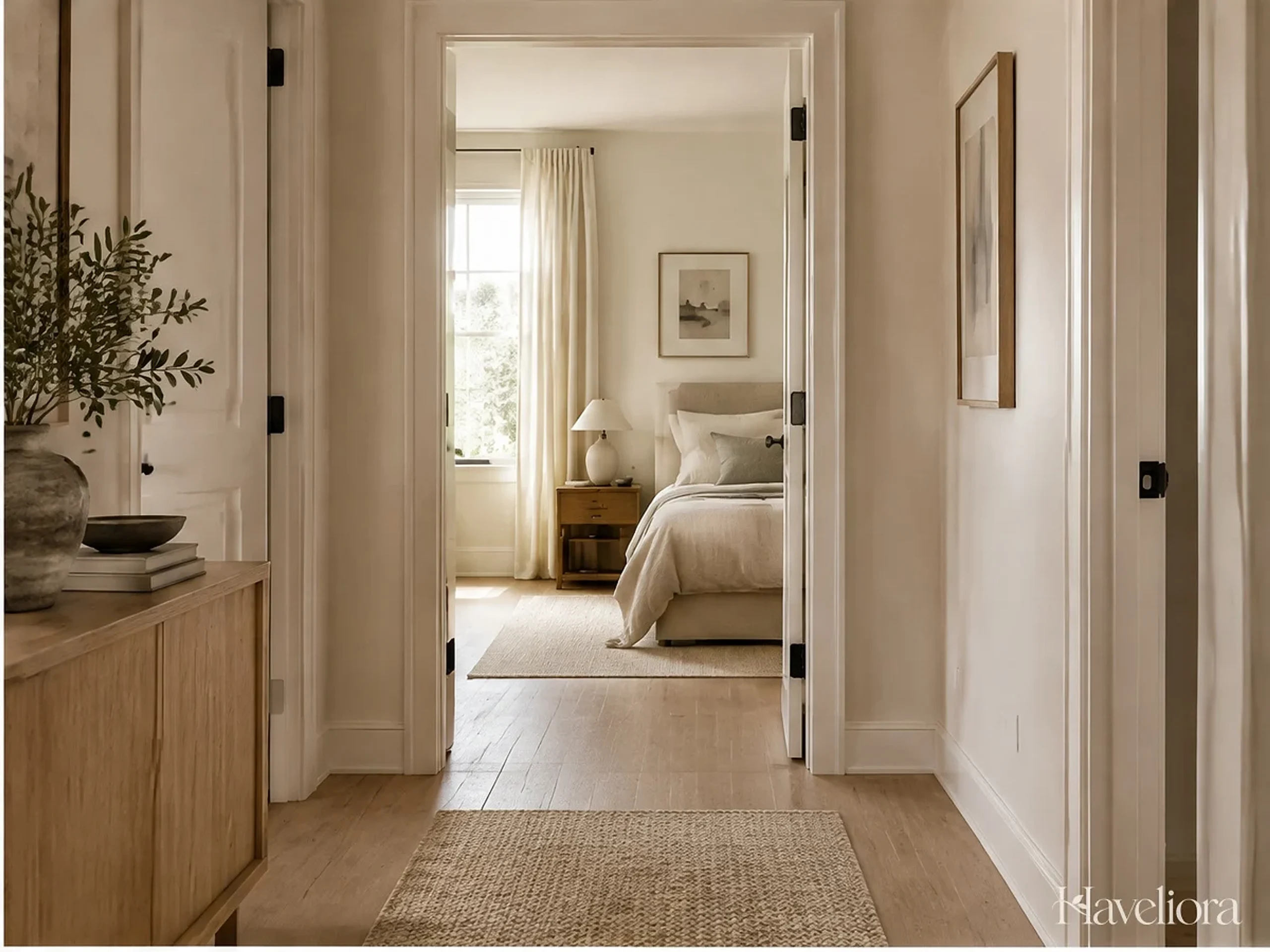 Neutral hallway opening toward a bedroom with related warm whites and repeated wood finishes.
