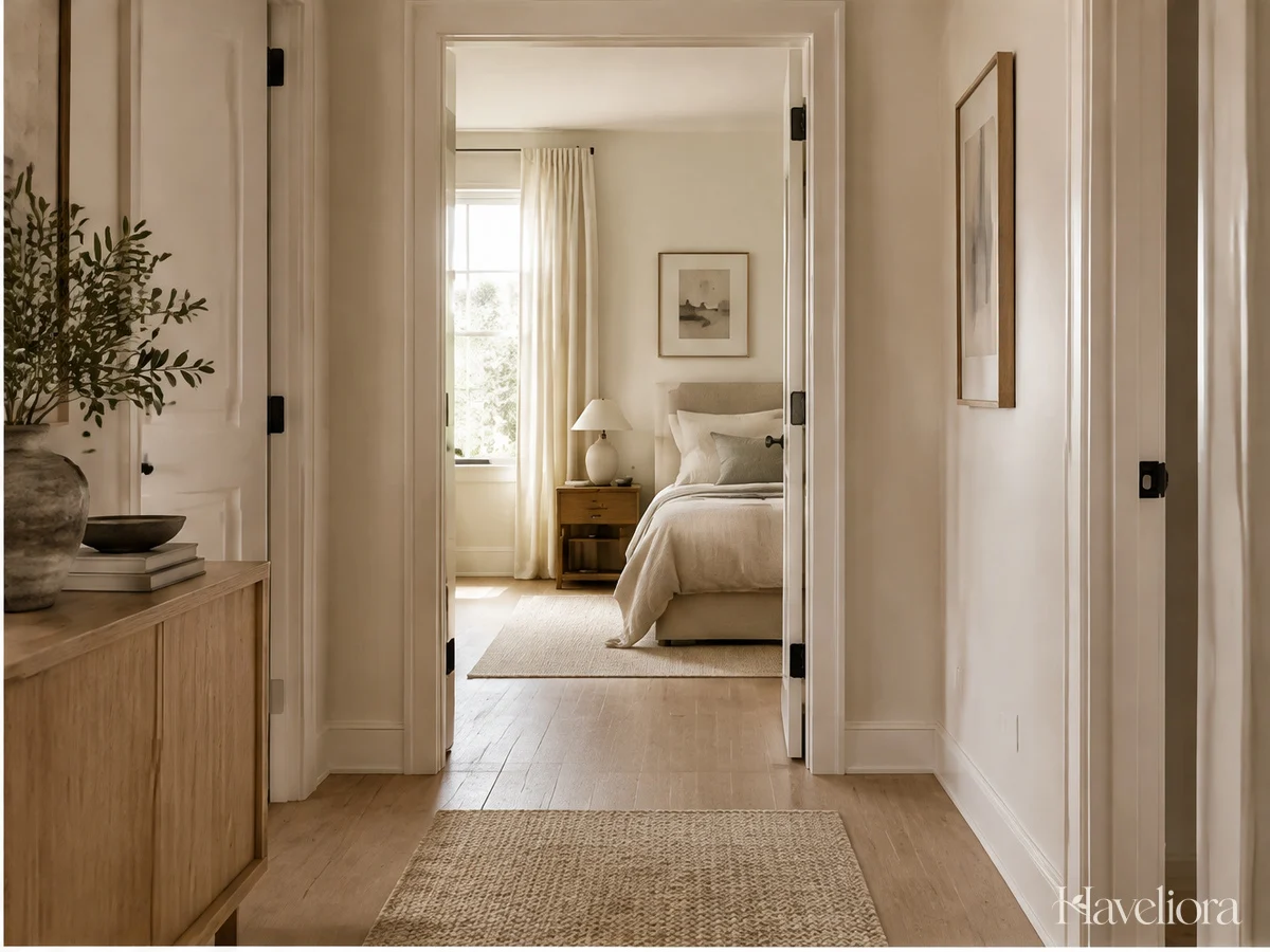 Neutral hallway opening toward a bedroom with related warm whites and repeated wood finishes.