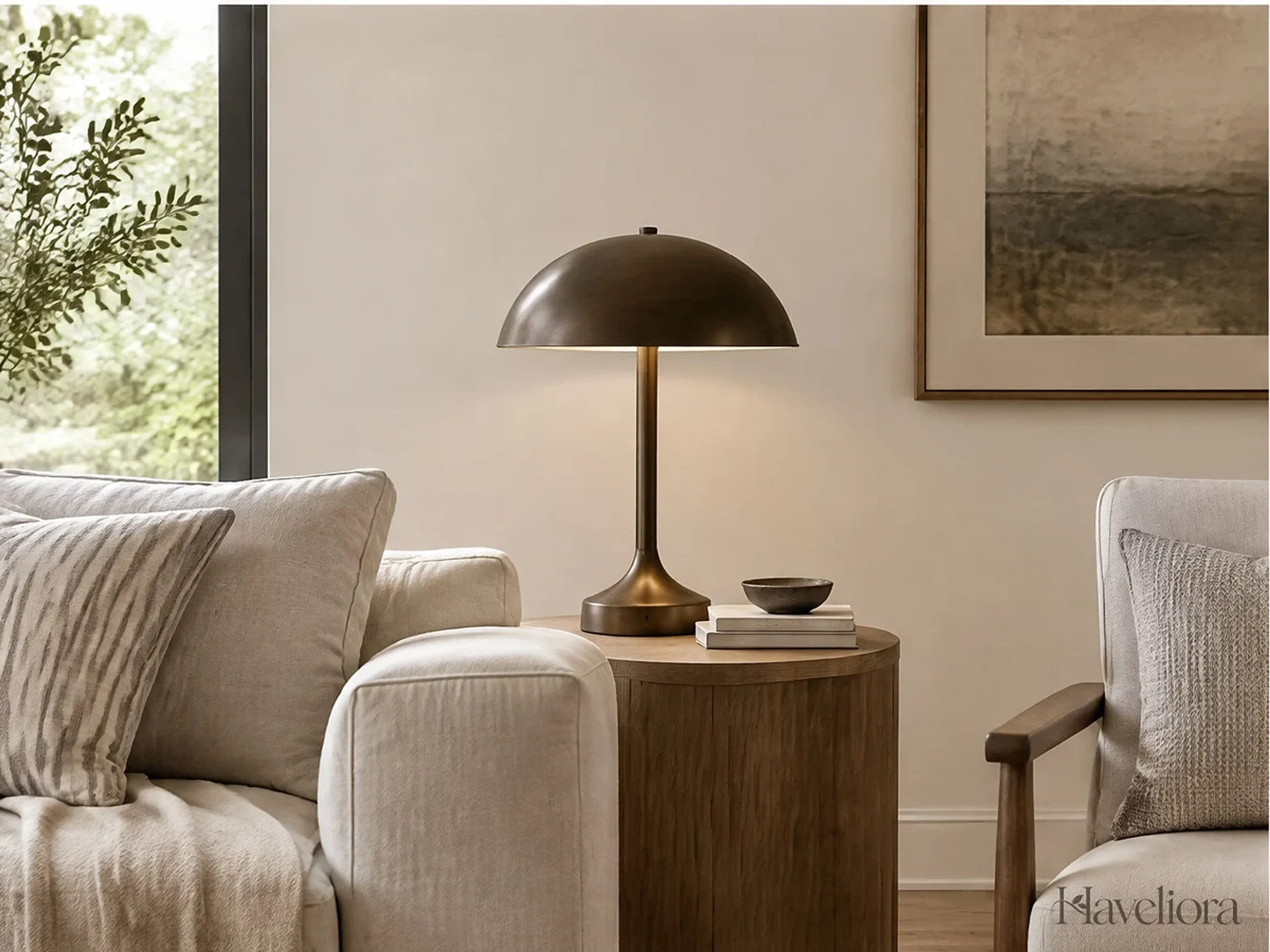 Pale living area with a dark bronze lamp and slim darker frame adding controlled contrast.