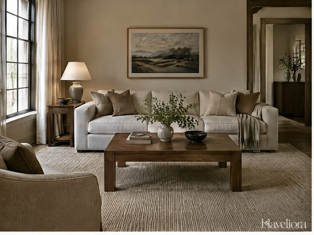 Inviting living room with a generous sofa, well-proportioned furniture and restrained neutral finishes.