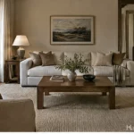 Cozy luxury living room combining comfortable seating with refined natural materials