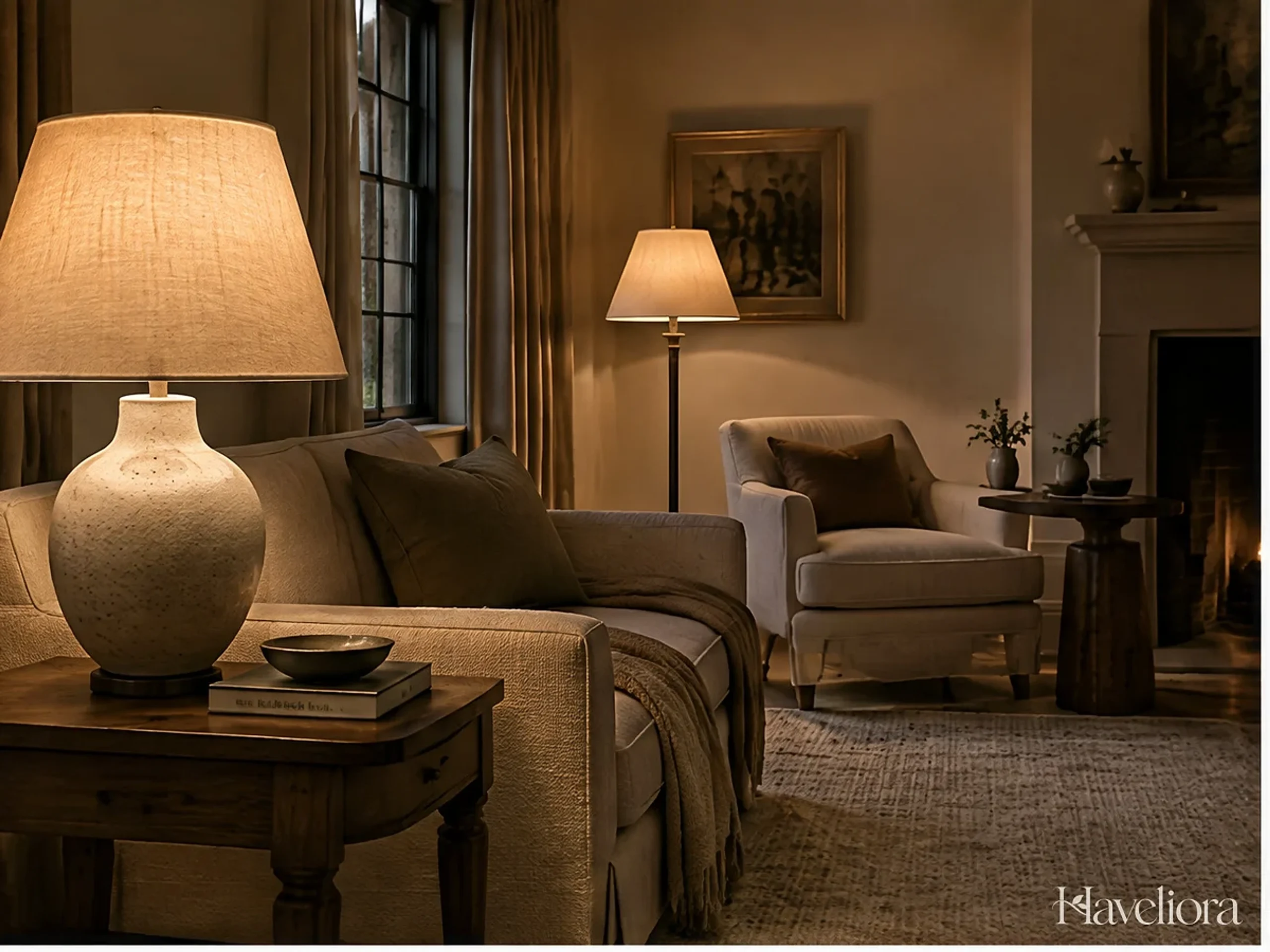 Living room with separate warm lamps, including a ceramic shaded table lamp, creating an evening atmosphere.