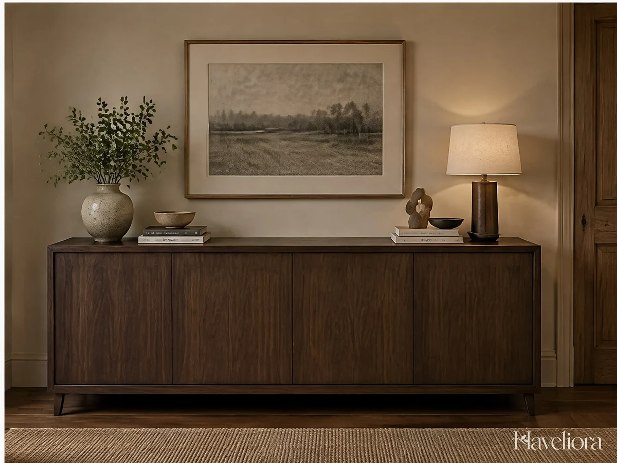 Closed storage console with a small edited decorative grouping and generous clear surface.