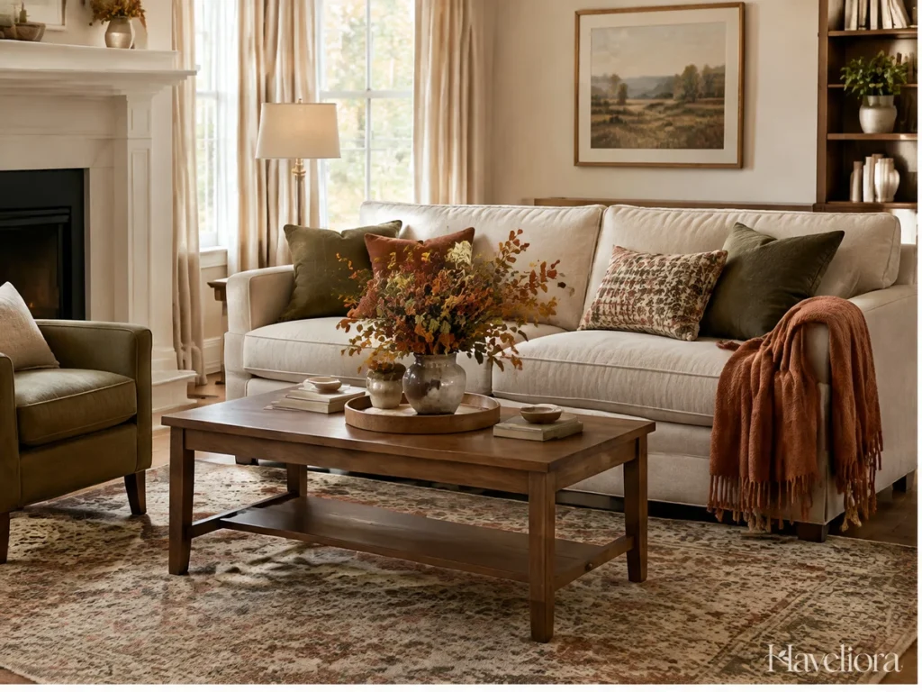 Neutral living room refreshed with muted rust and olive accents and clear everyday surfaces.