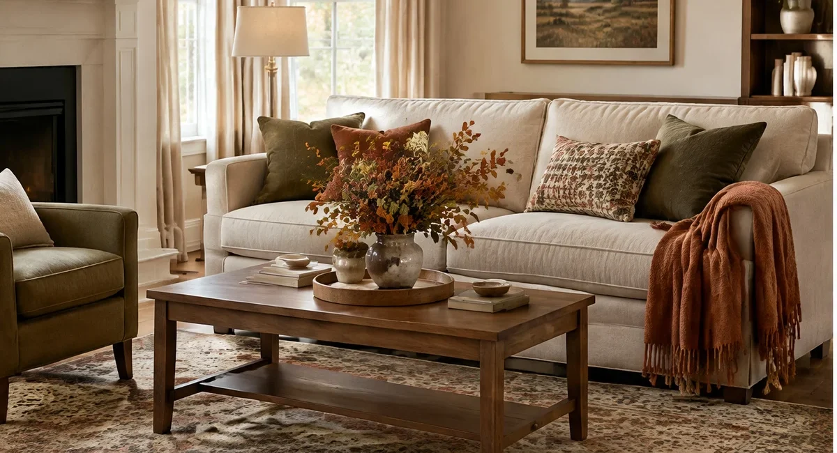 Neutral living room refreshed with muted rust and olive accents and clear everyday surfaces.