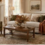 Neutral living room refreshed with muted rust and olive accents and clear everyday surfaces.