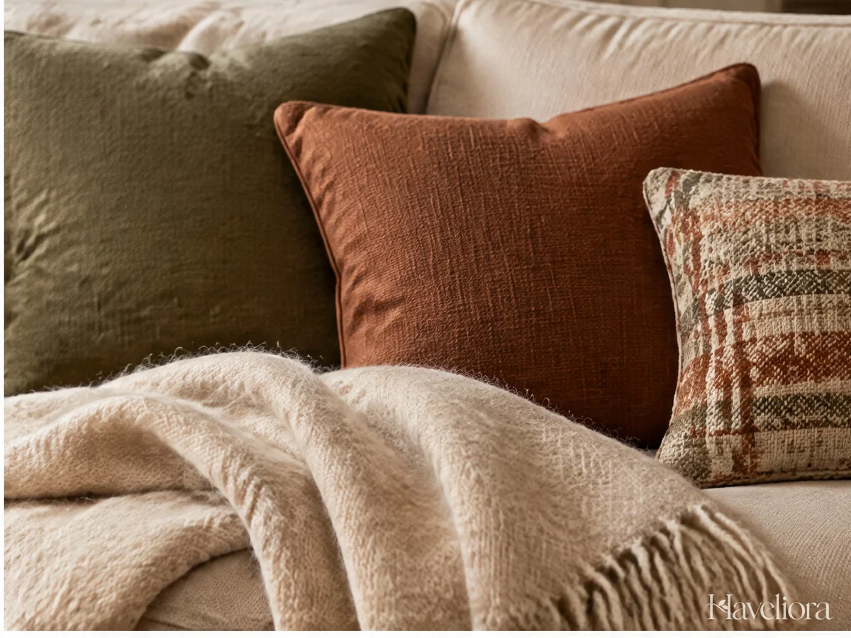 Autumn textile layers with a warm-toned cushion cover and a folded light wool blanket on a sofa.