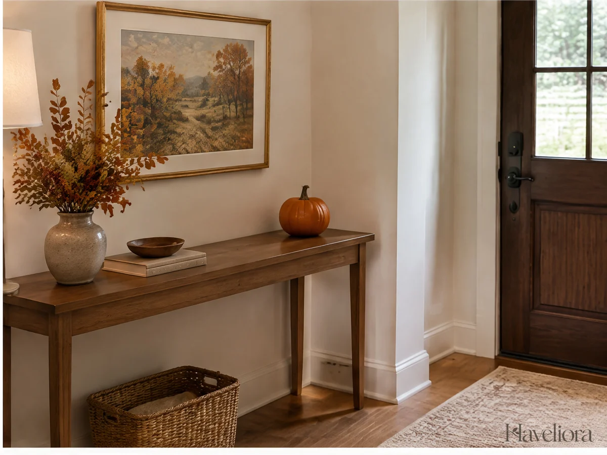 Clear entry console with a small autumn print and one pumpkin positioned outside the walking route.