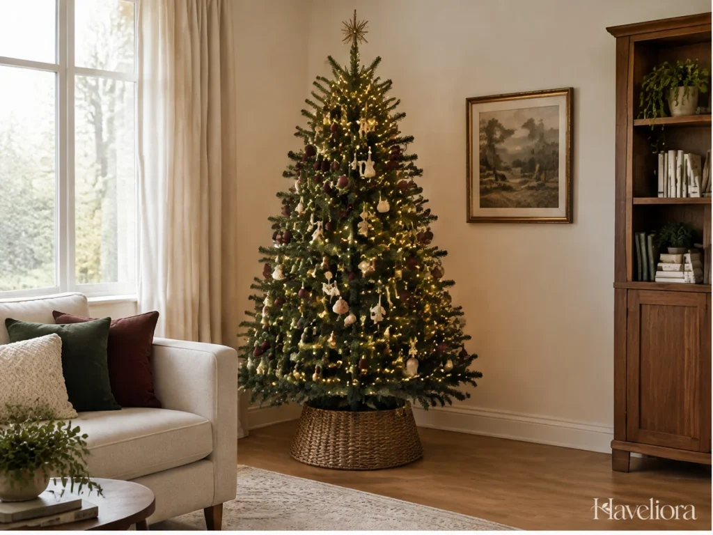 Christmas tree with restrained lights and ornaments placed clear of a living room walkway.