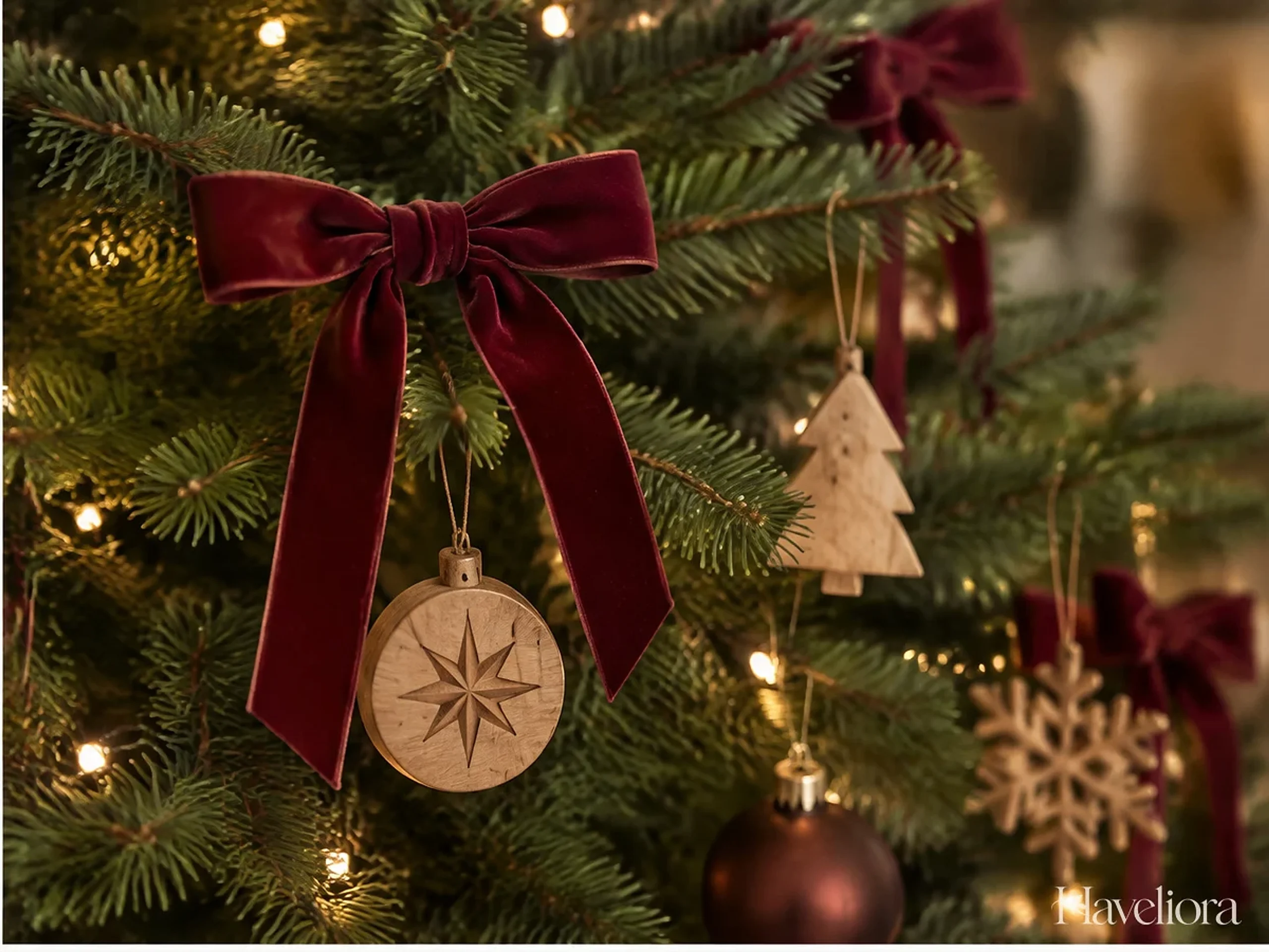 Christmas entryway styled with evergreen branches, practical storage and warm light.