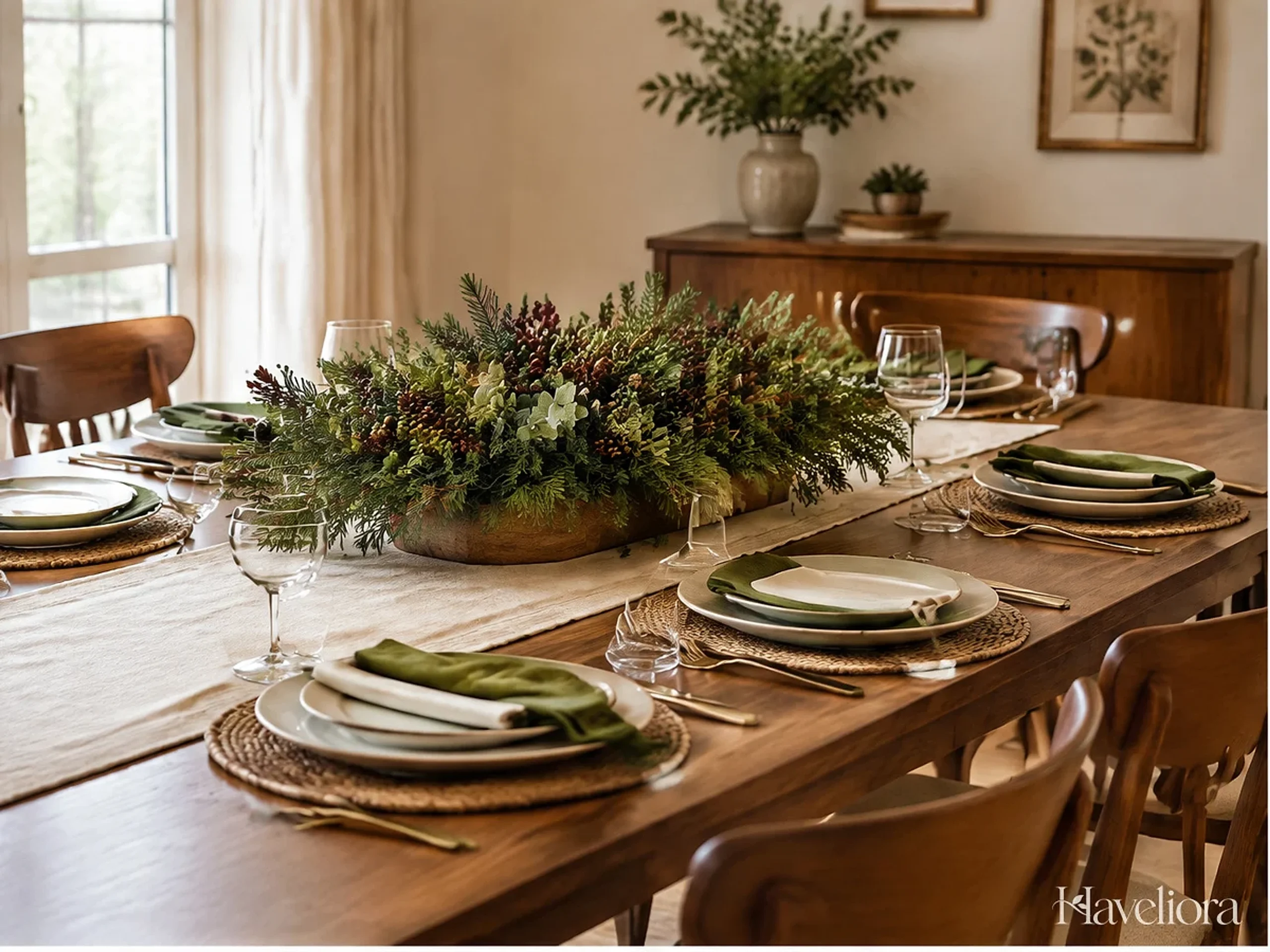 Christmas dining table decorated simply with greenery and room for serving.