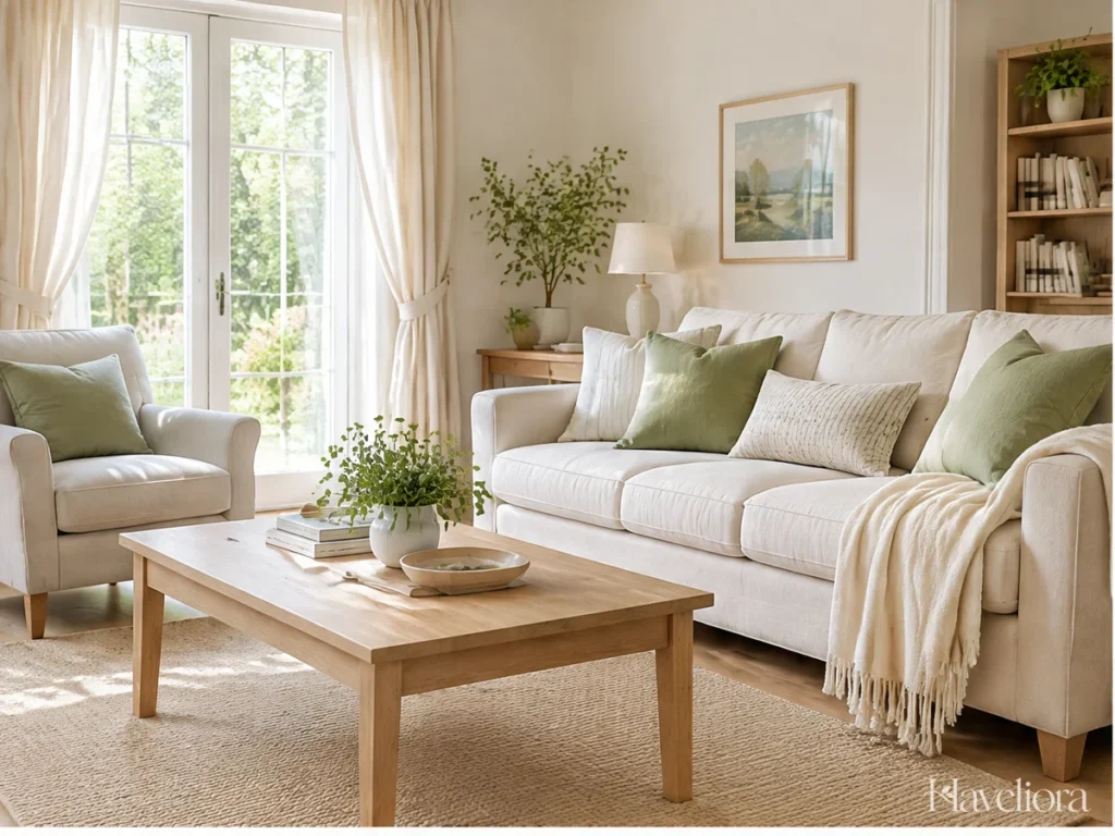 Light neutral living room refreshed with soft green accents and uncluttered surfaces.