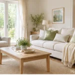 Spring living room refreshed with lighter textiles, greenery and soft natural light