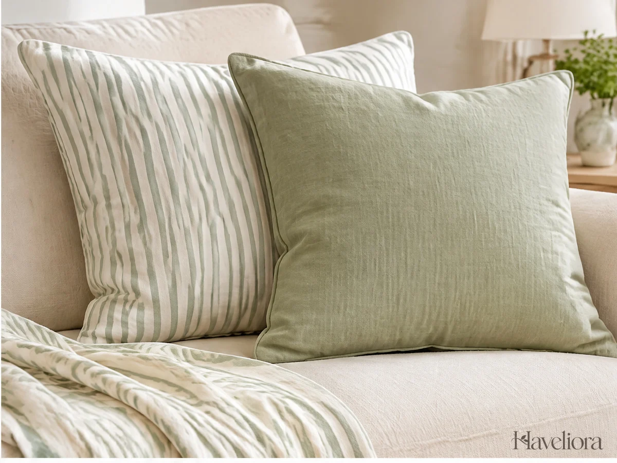 Cream sofa with a light striped textile and a plain sage cushion for a restrained spring palette.