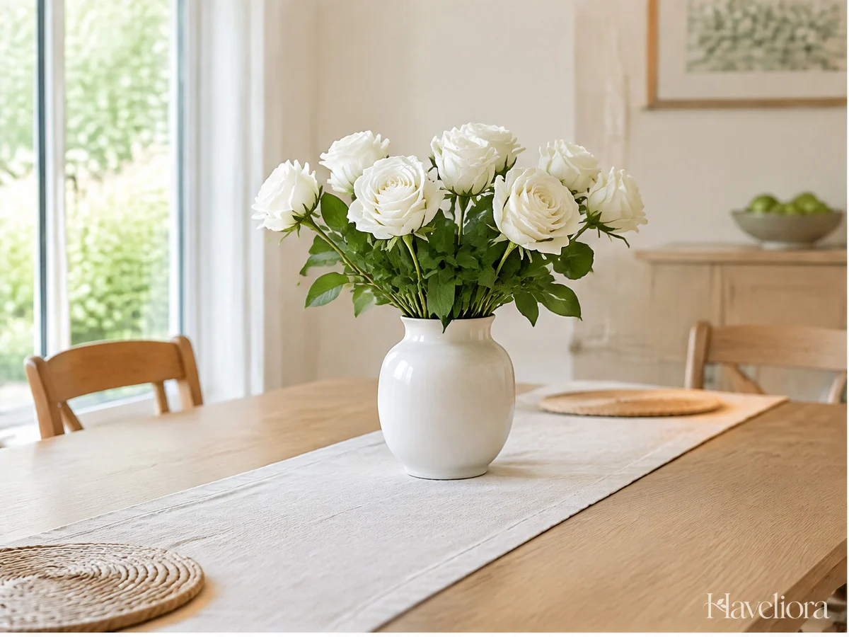 A low arrangement of white flowers in a stable simple vase on a dining table.
