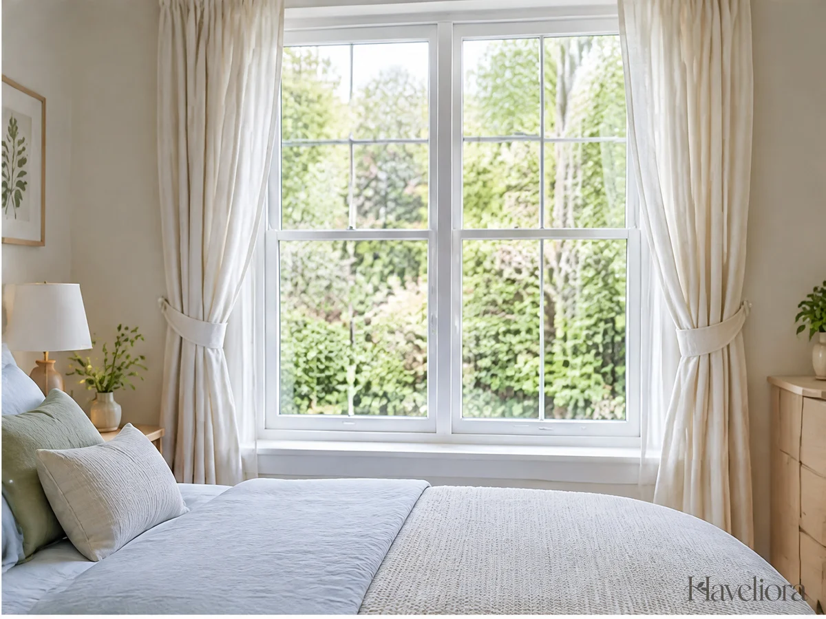 Bedroom window with light curtains drawn back and a clear view toward greenery outside.
