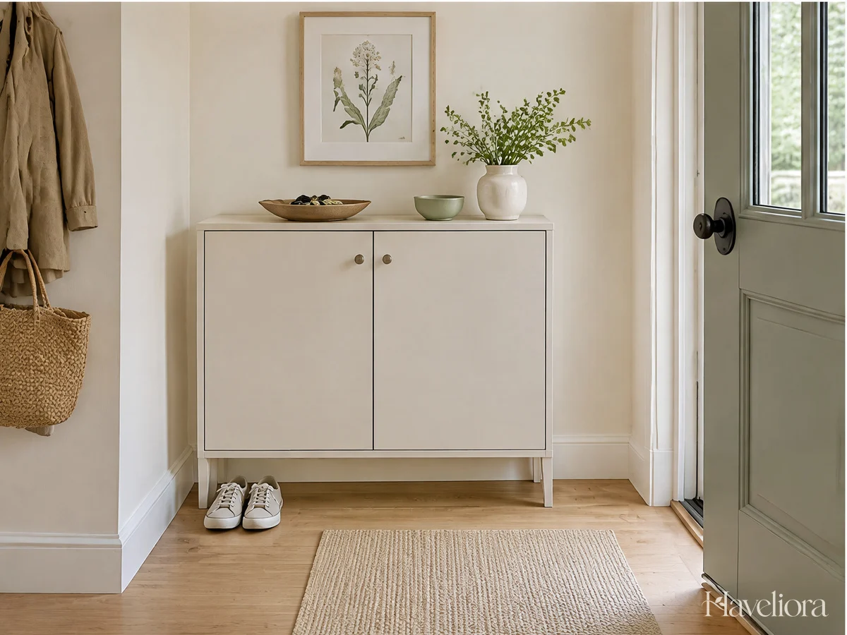 Spring entryway with a botanical print, closed shoe storage and a simple catch-all area.