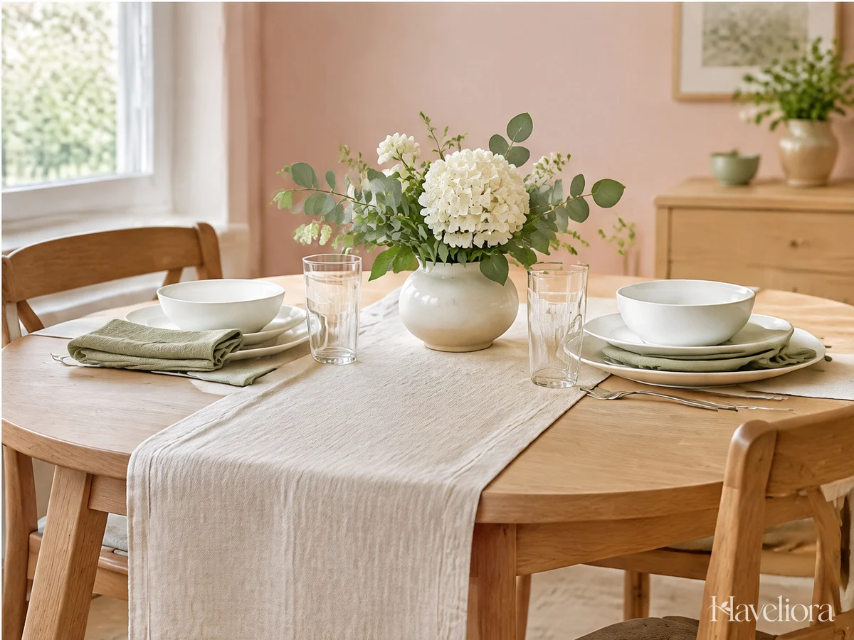Simple spring dining table with a linen runner, pale green napkins, white dishes and low flowers.
