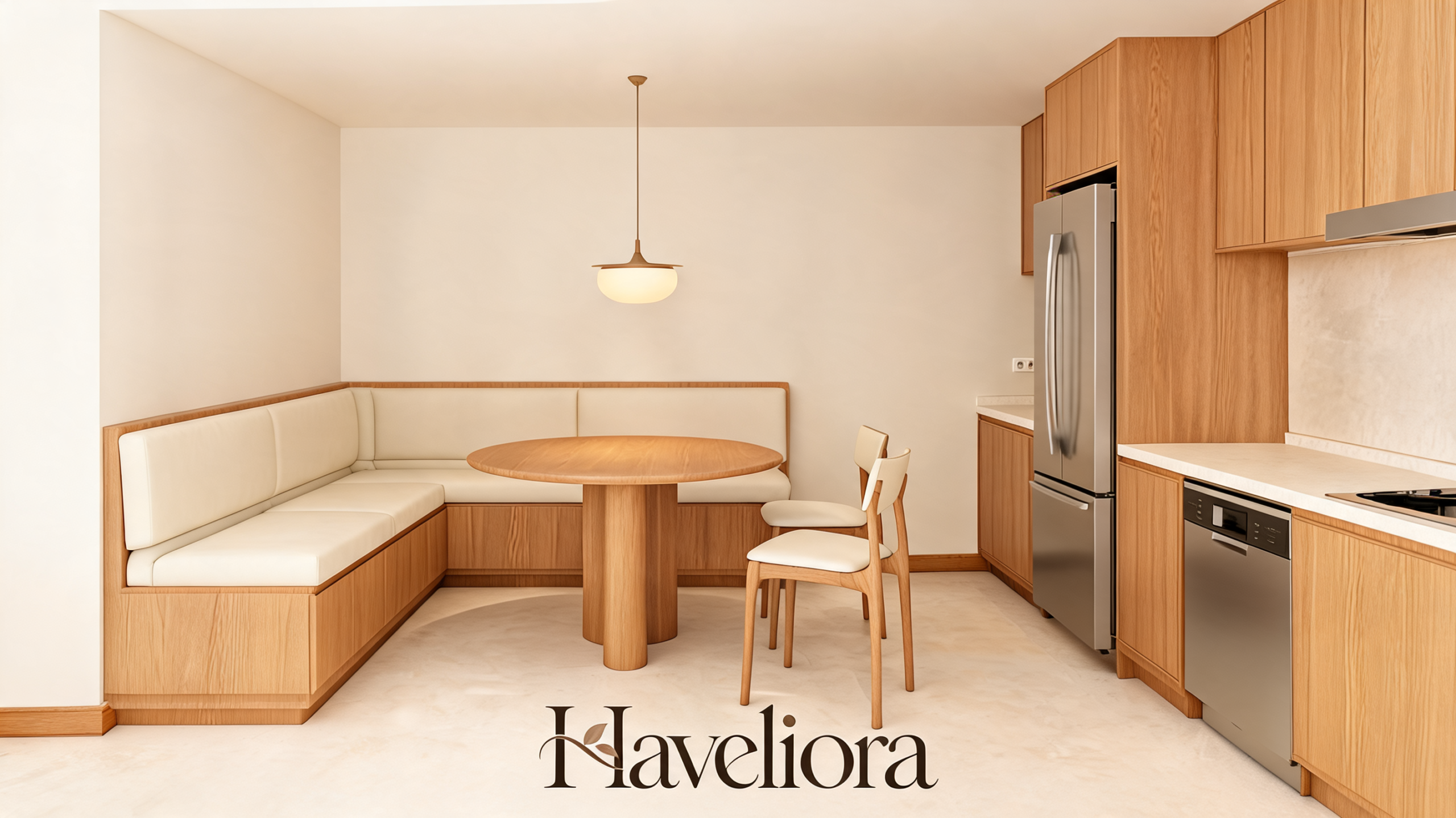 Kitchen banquette with a round pedestal table, L-shaped bench and a clear walkway to the work zone.