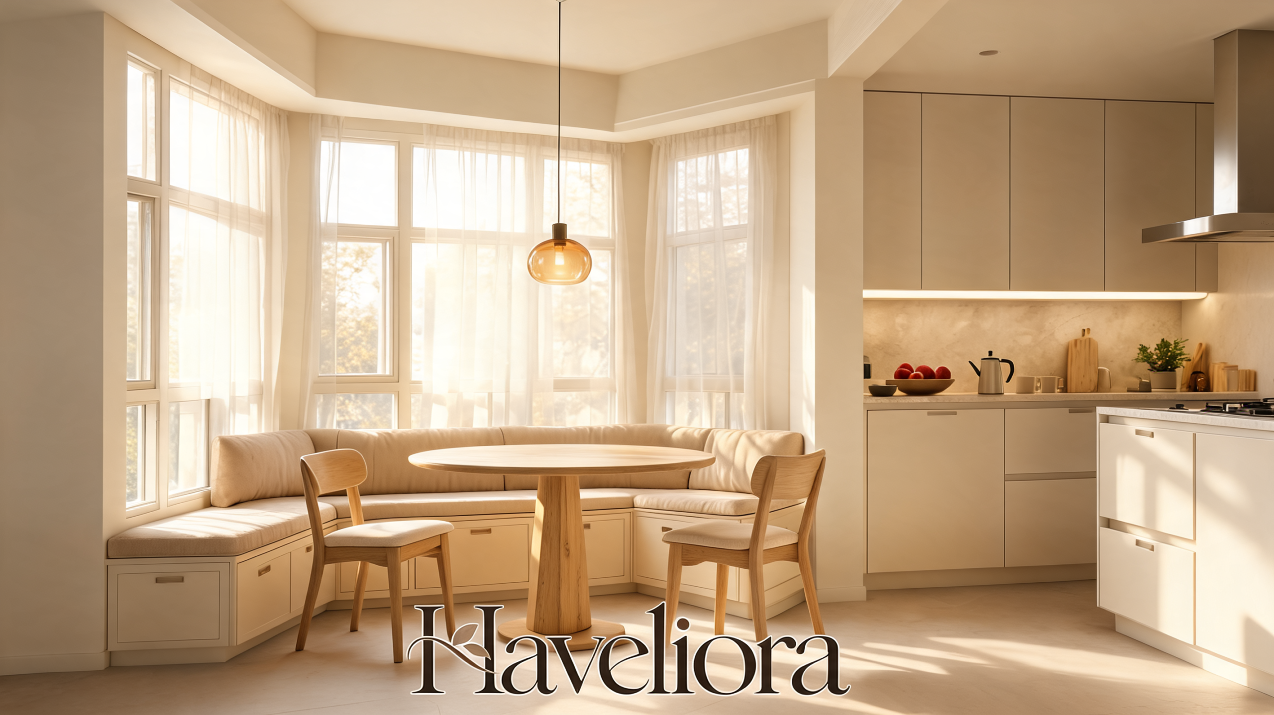 Warm kitchen with an upholstered built-in banquette, round pedestal table and two dining chairs.
